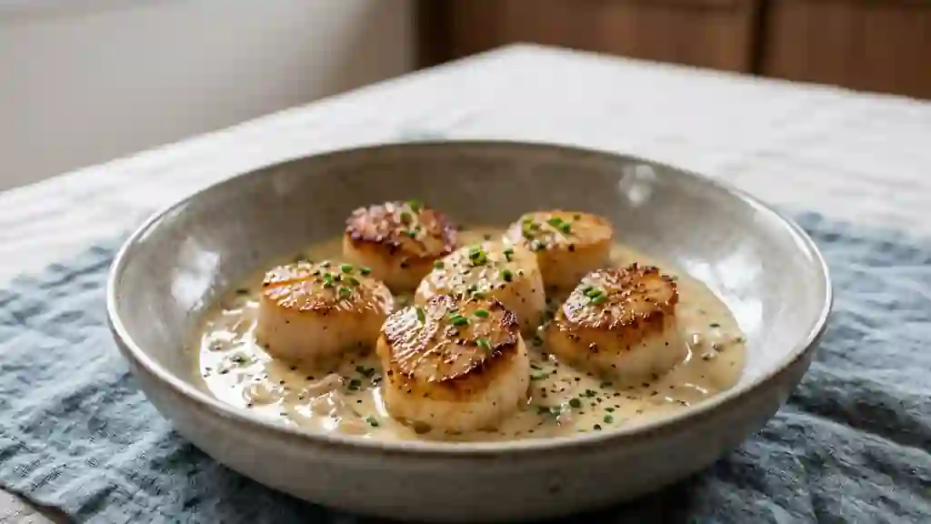 Saint-Jacques nacrées, sauce veloutée au Vermouth - Photo de présentation