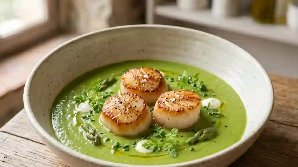 Saint-Jacques snackées et velouté d'asperges - Photo de présentation