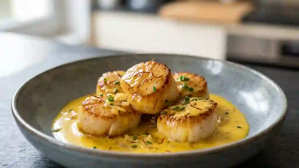 Saint-Jacques Saisies, Sauce Onctueuse au Safran - Photo de présentation