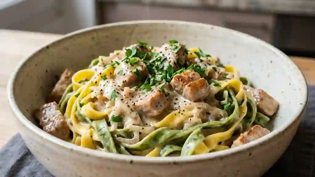 Nouilles bicolores au veau et crème onctueuse - Photo de présentation