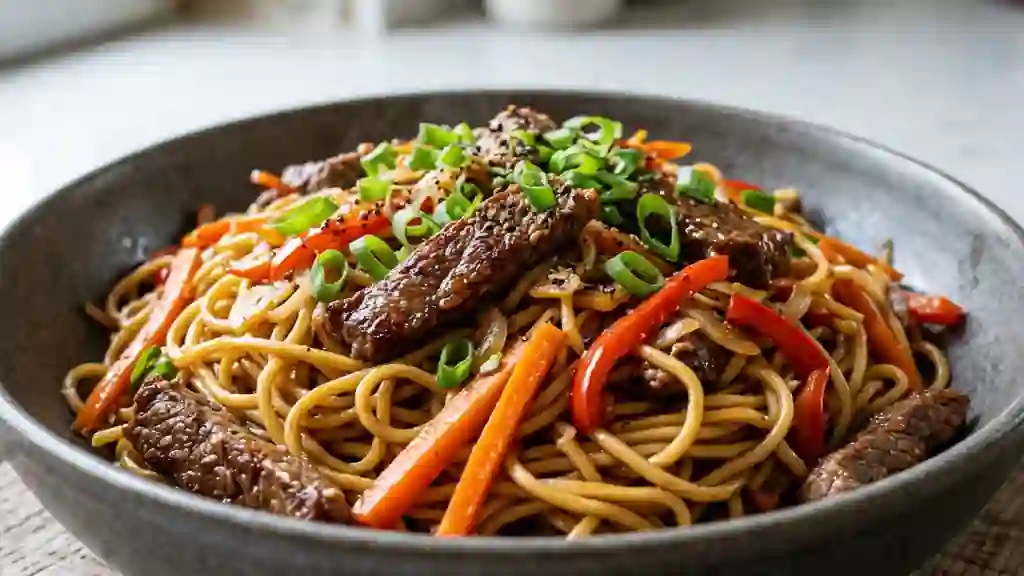 Wok de nouilles au bœuf et gingembre - Photo de présentation