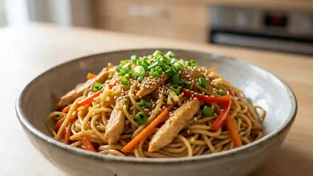 Wok de nouilles au poulet et gingembre frais - Photo de présentation