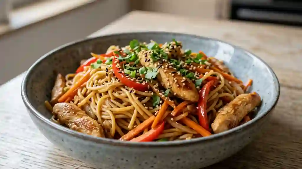 Wok de nouilles au poulet et légumes croquants - Photo de présentation