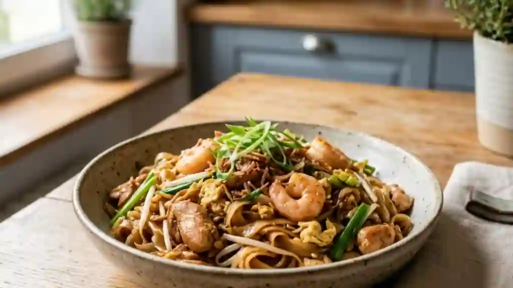 Wok de nouilles de riz au poulet et crevettes - Photo de présentation