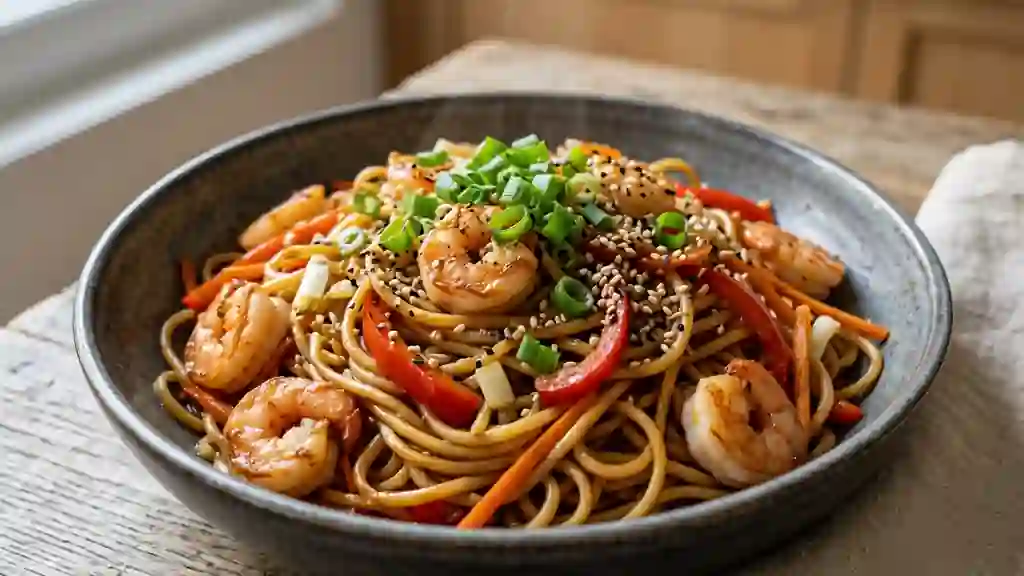 Wok de nouilles aux crevettes et sésame - Photo de présentation