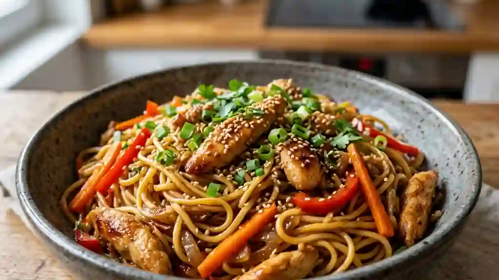 Wok de nouilles au poulet croquant et soja - Photo de présentation