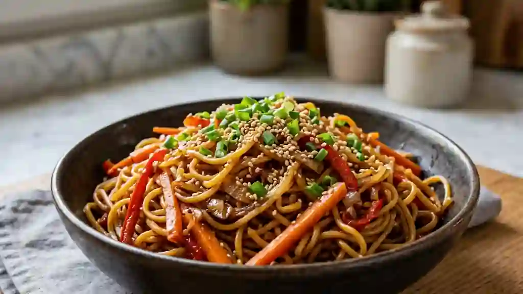 Wok de nouilles au sésame et légumes croquants - Photo de présentation