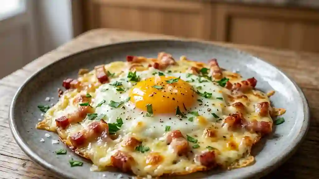 Oeufs au plat à la raclette et lardons fumés - Photo de présentation