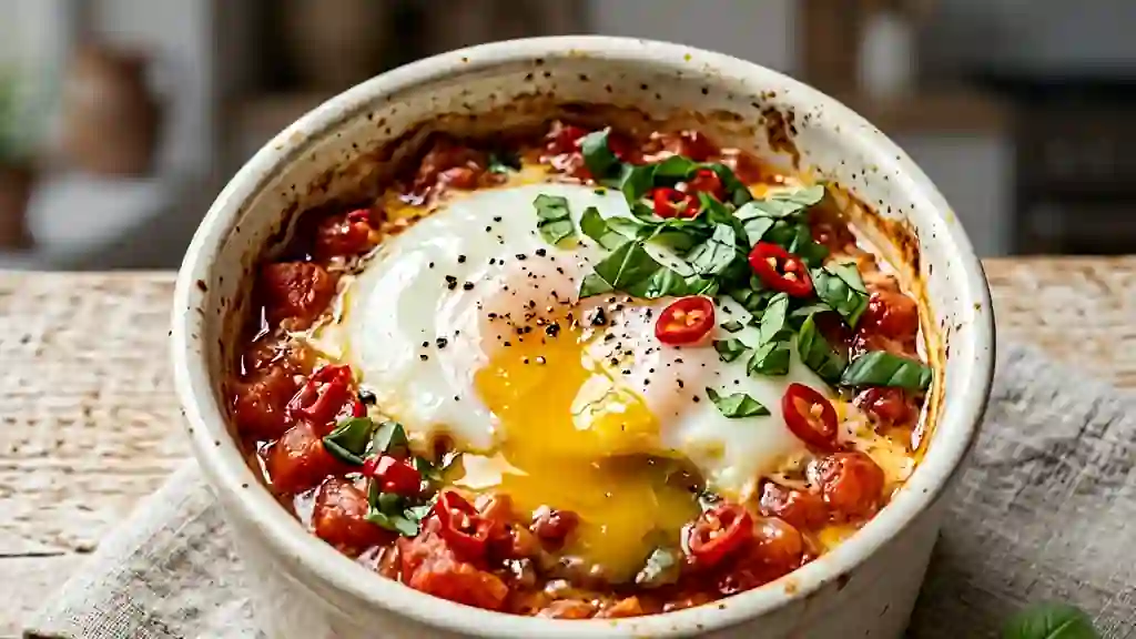 Oeuf cocotte fondant tomate et piment - Photo de présentation
