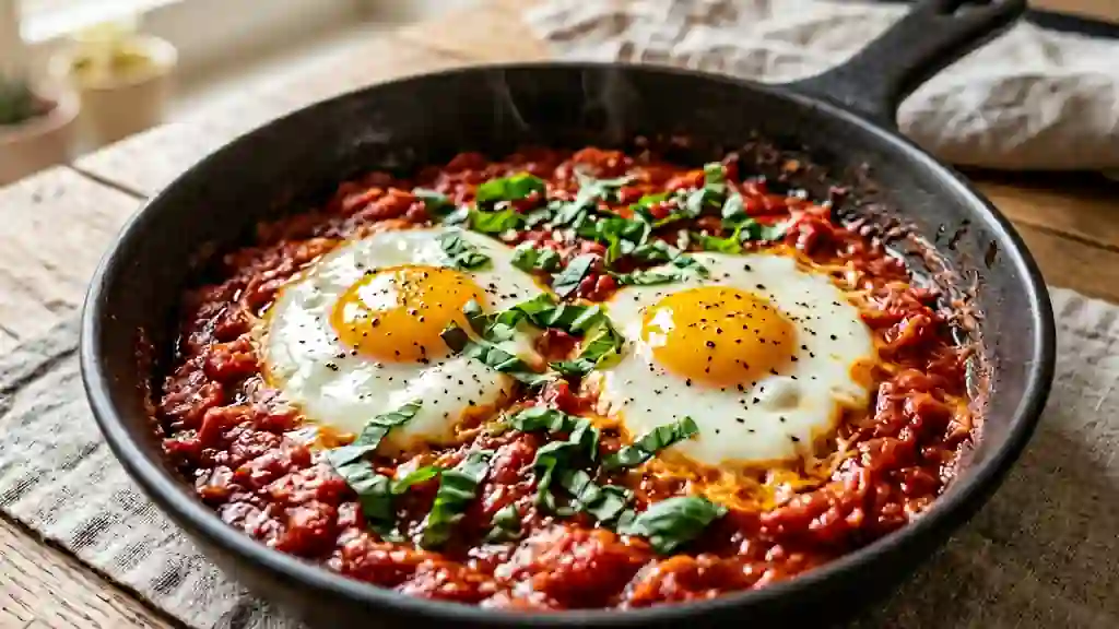 Poêlée d'œufs fondants aux tomates juteuses - Photo de présentation