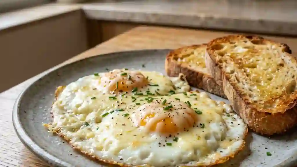 Oeufs au plat coulants et fromage filant - Photo de présentation