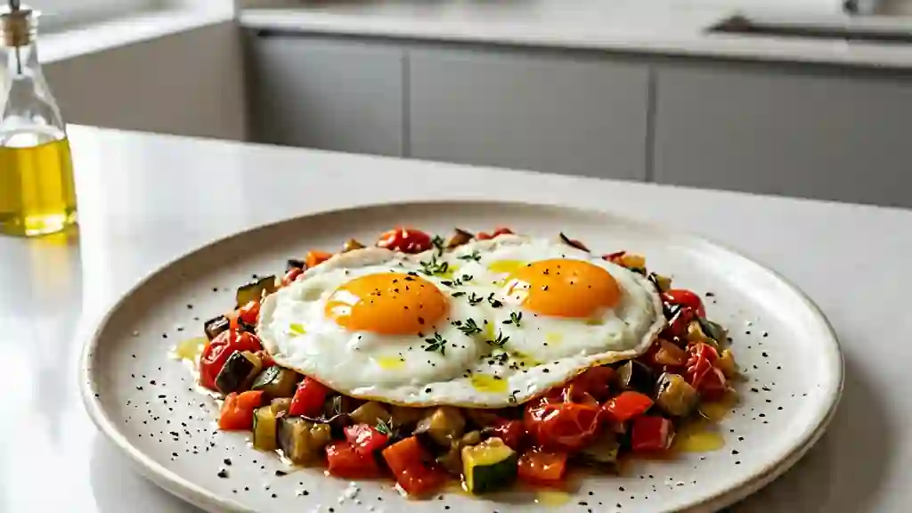 Oeufs au plat fondants et légumes confits - Photo de présentation
