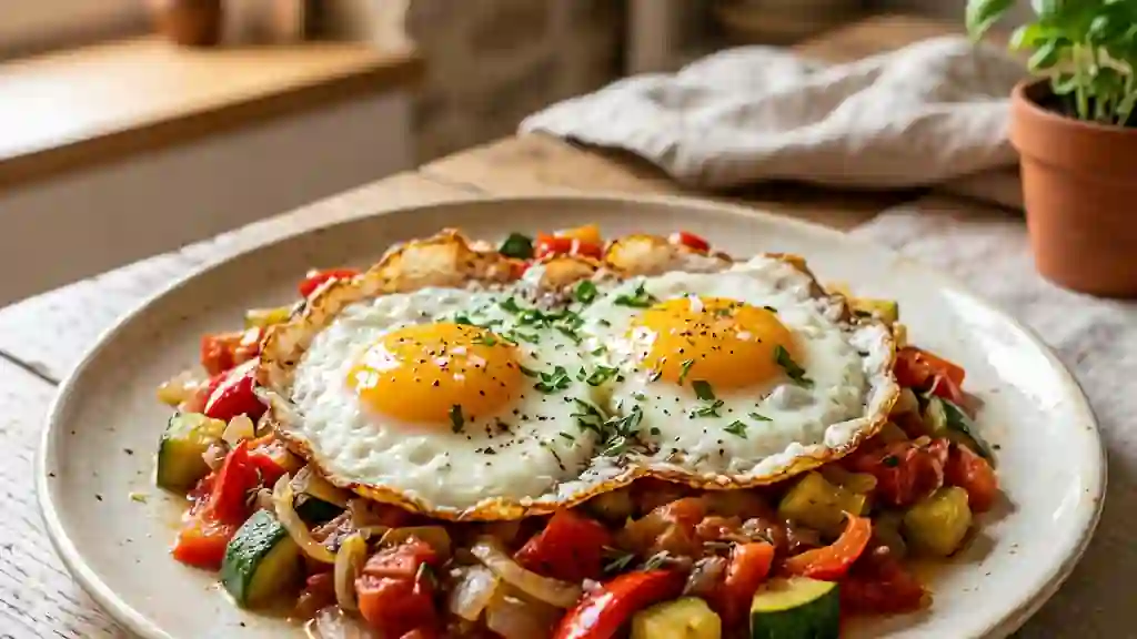 Œufs au plat sur poêlée de légumes d'été - Photo de présentation