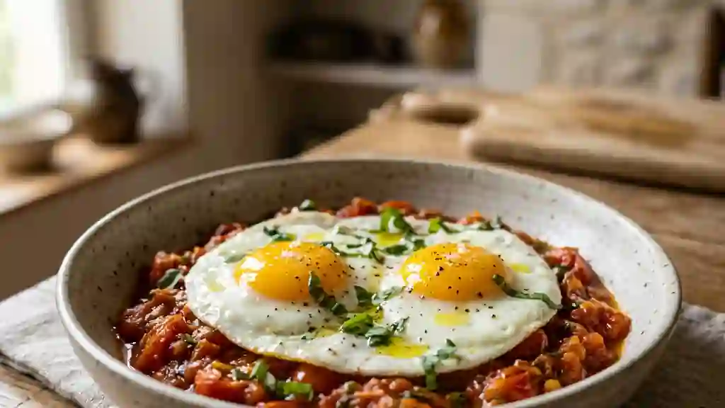 Oeufs fondants sur lit de tomates à l'ail - Photo de présentation