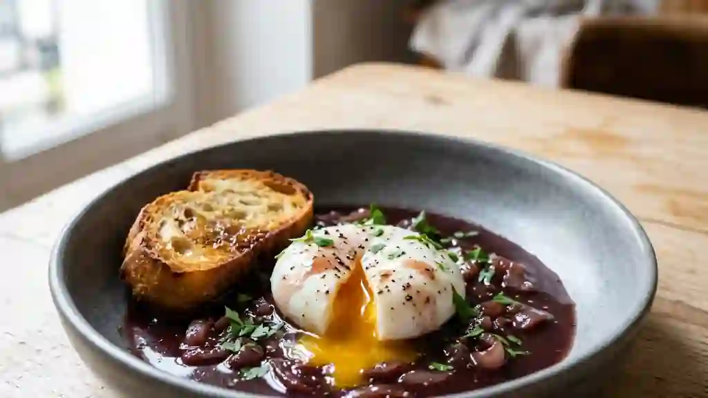 Œufs pochés au vin rouge et échalotes - Photo de présentation