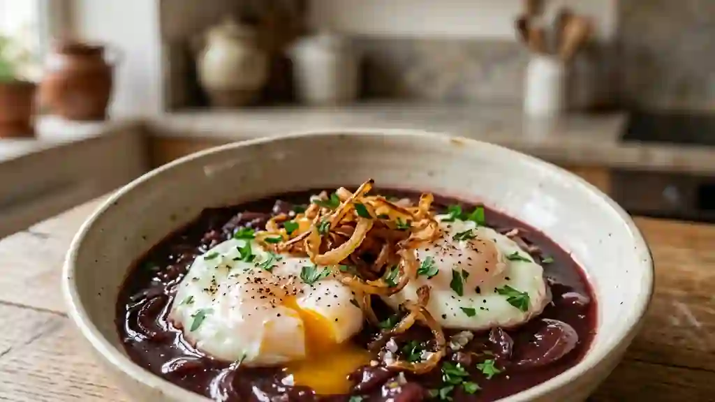 Oeufs au vin rouge et oignons croustillants - Photo de présentation