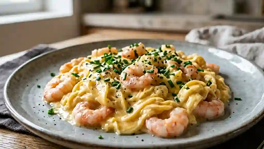 Oeufs brouillés onctueux aux crevettes roses - Photo de présentation