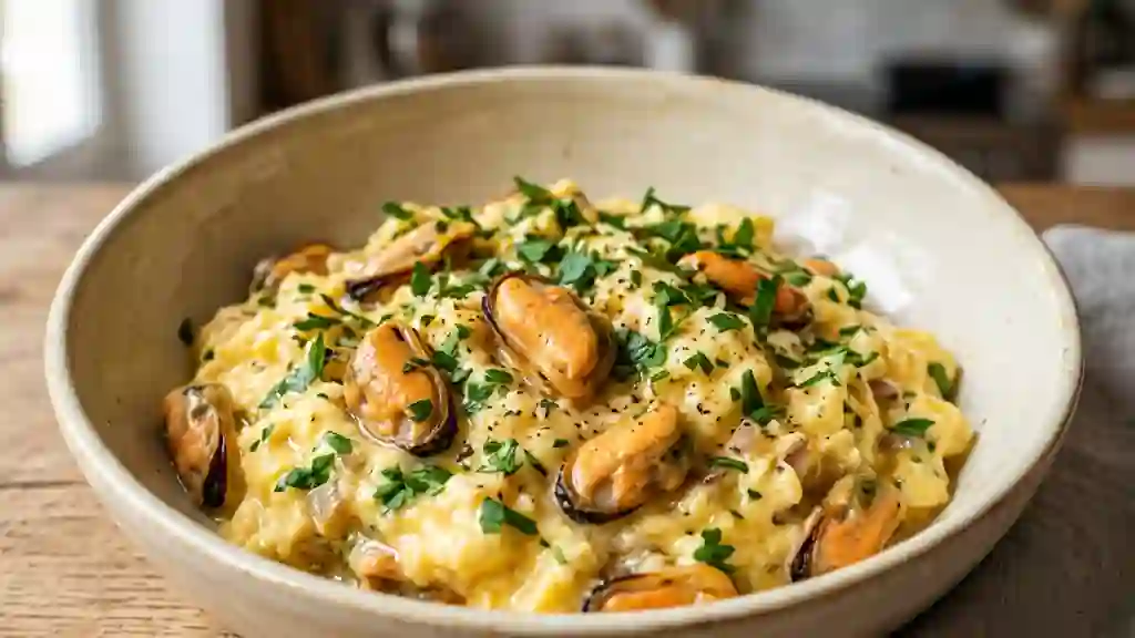 Œufs brouillés crémeux aux moules et persillade - Photo de présentation