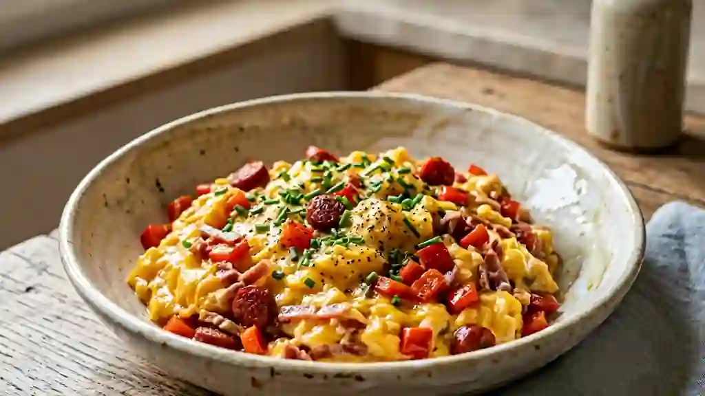 Brouillade fondante au chorizo et poivrons - Photo de présentation