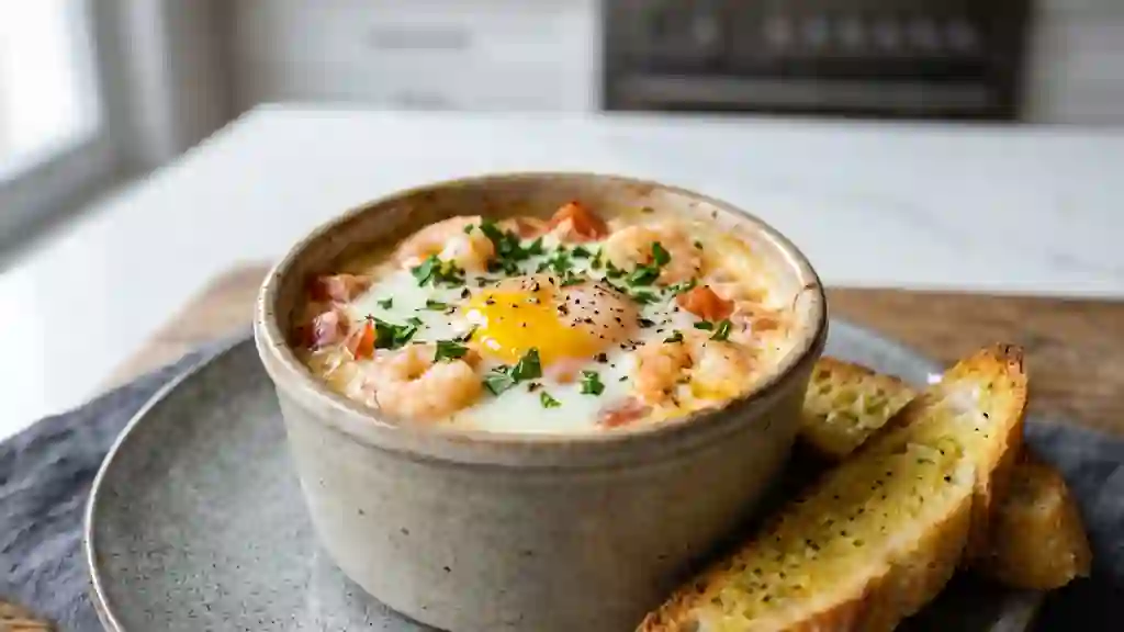 Oeufs cocotte onctueux aux crevettes et tomates - Photo de présentation