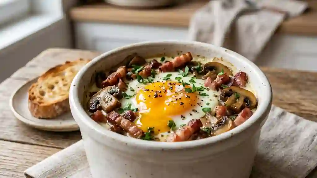 Œufs cocotte crémeux aux lardons fumés - Photo de présentation