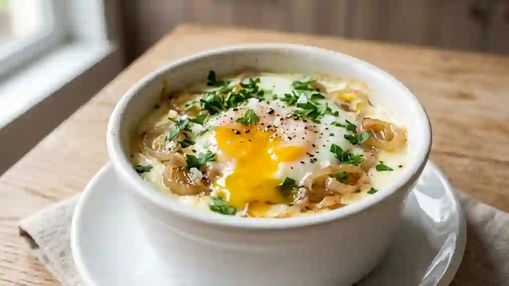 Oeufs cocotte crémeux et échalotes confites - Photo de présentation