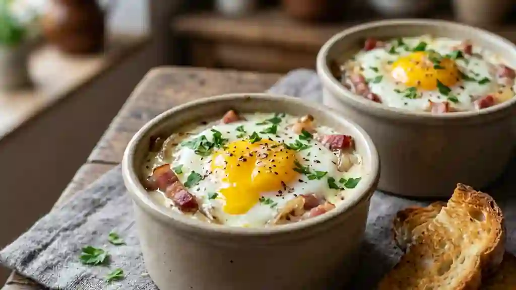 Oeufs cocotte crème et lardons fumés - Photo de présentation