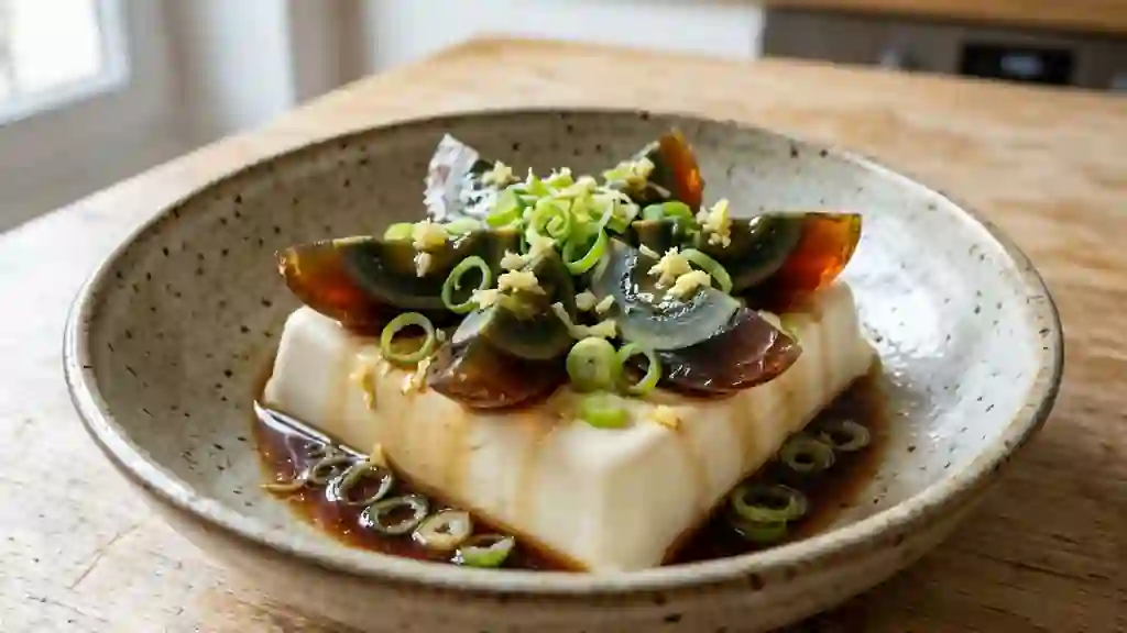 Tofu soyeux et œufs de cent ans fondants - Photo de présentation