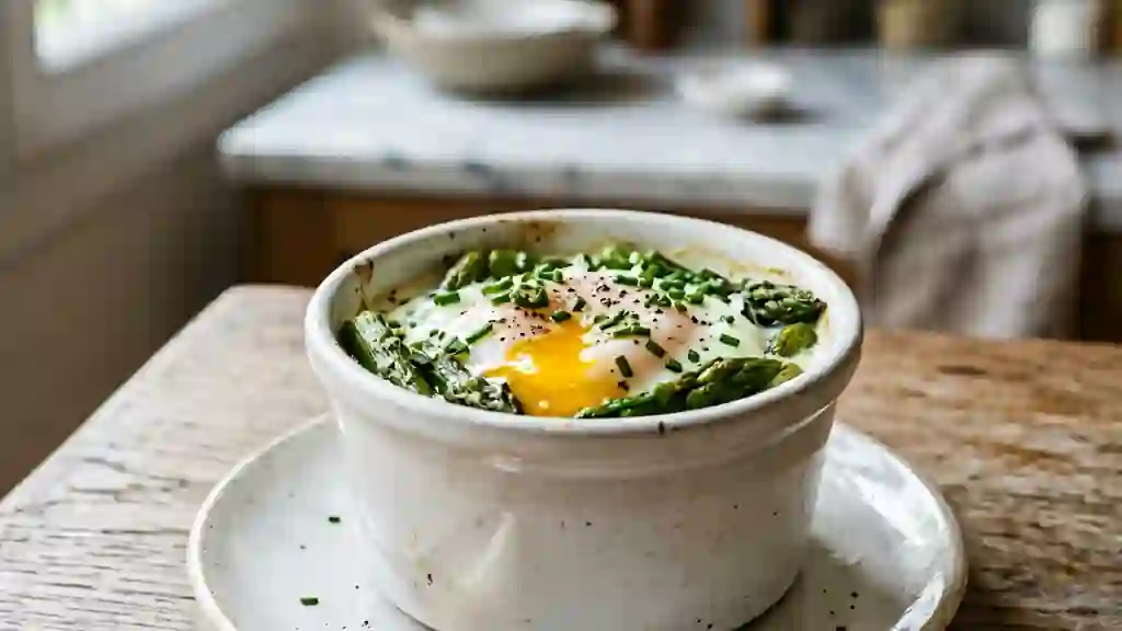 Œufs cocotte aux asperges fondantes - Photo de présentation