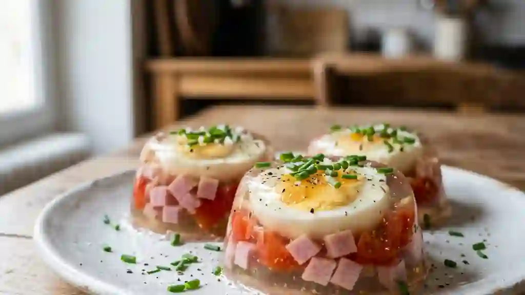 Oeufs en gelée fondants au jambon et tomate - Photo de présentation