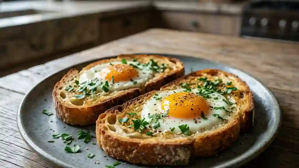 Oeufs en puits crémeux et pain grillé au four - Photo de présentation