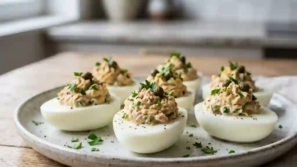 Oeufs farcis au thon crémeux et croquants - Photo de présentation