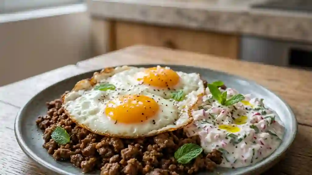 Œufs frits, bœuf épicé et raïta fraîcheur - Photo de présentation