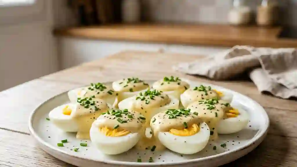 Oeufs nappés à la crème moutardée et ciboulette - Photo de présentation
