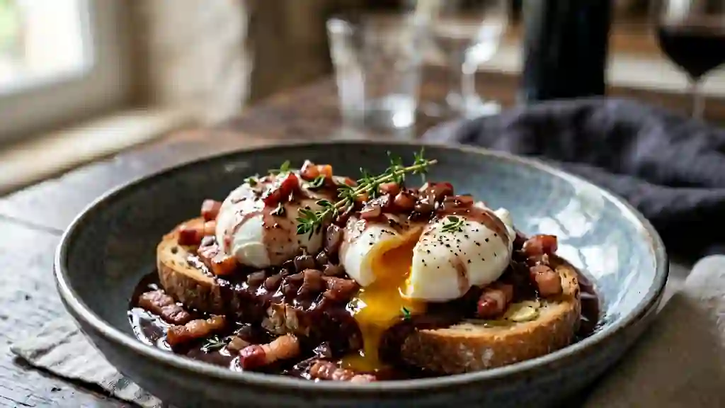 Œufs pochés au vin rouge et lardons fumés - Photo de présentation