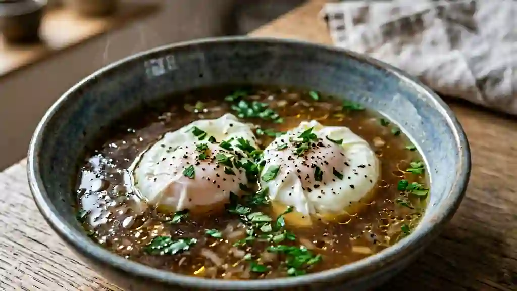 Œufs pochés fondants au bouillon de bœuf - Photo de présentation