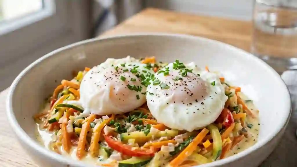 Oeufs pochés sur fondue de légumes crémeuse - Photo de présentation