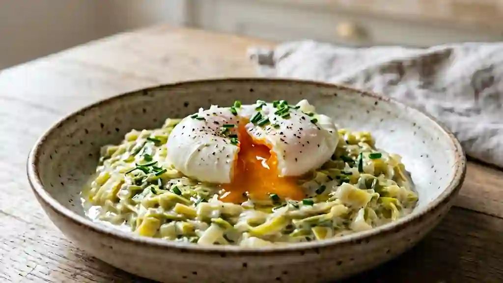 Œufs pochés sur fondue de poireaux crémeuse - Photo de présentation