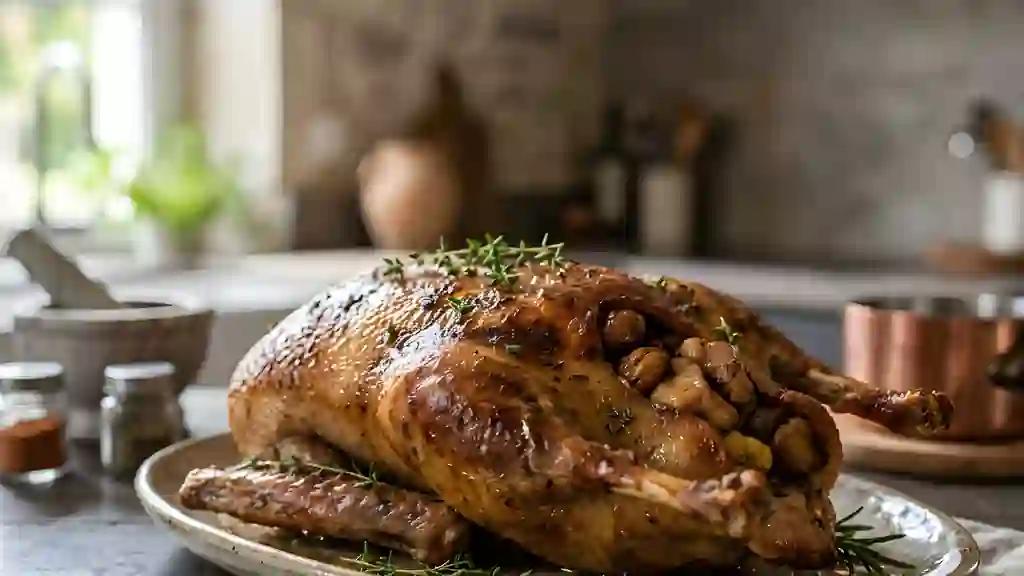 Oie rôtie, farce onctueuse foie gras et marrons - Photo de présentation