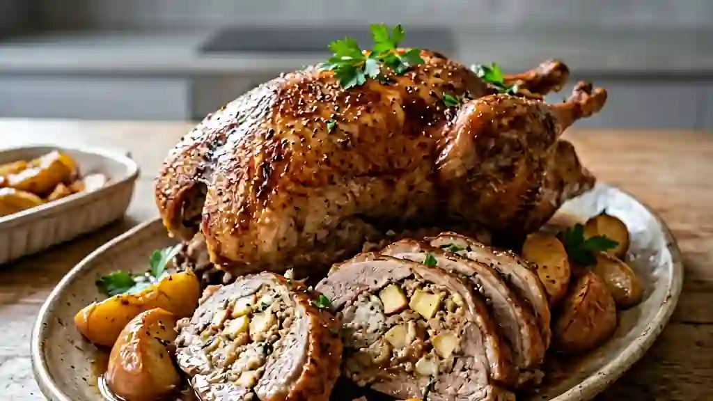 Oie rôtie au boudin blanc et pommes fondantes - Photo de présentation