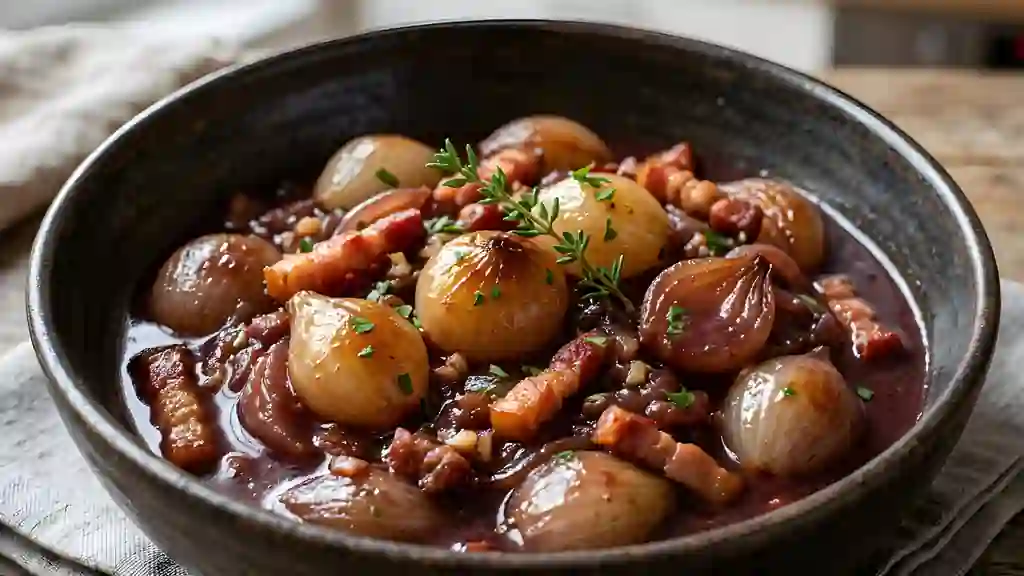 Oignons en meurette fondants au vin rouge - Photo de présentation