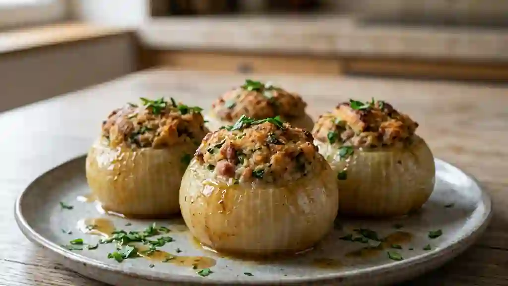 Oignons fondants farcis au porc juteux - Photo de présentation