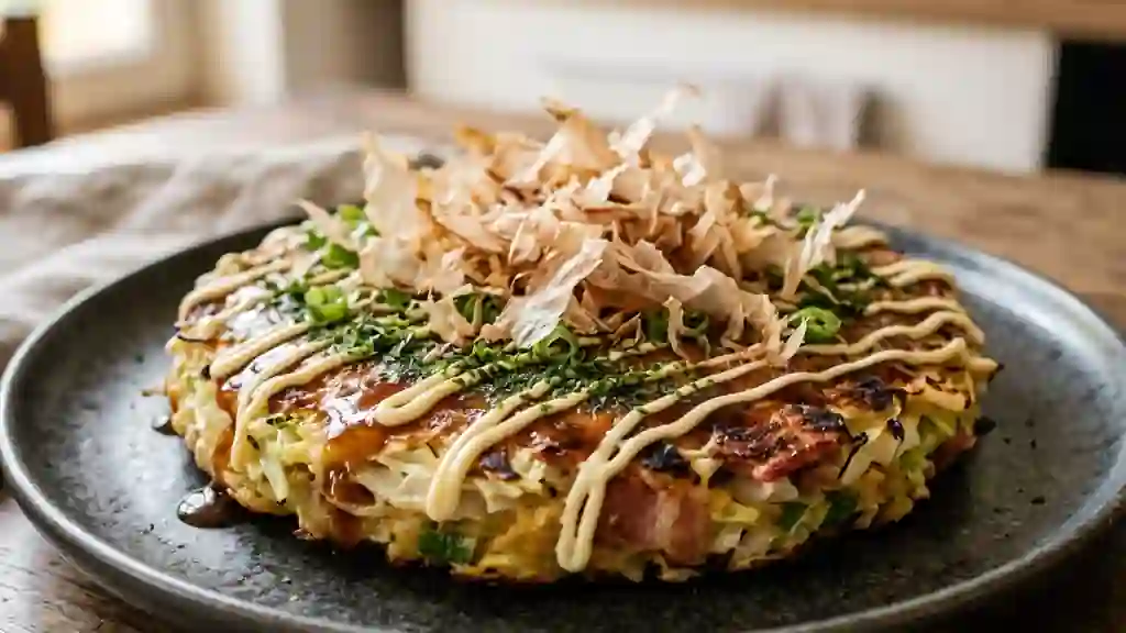 Okonomiyaki croustillant au bacon et chou - Photo de présentation