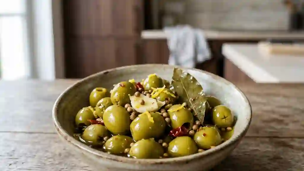 Olives marinées à l'espagnole, ail et citron - Photo de présentation
