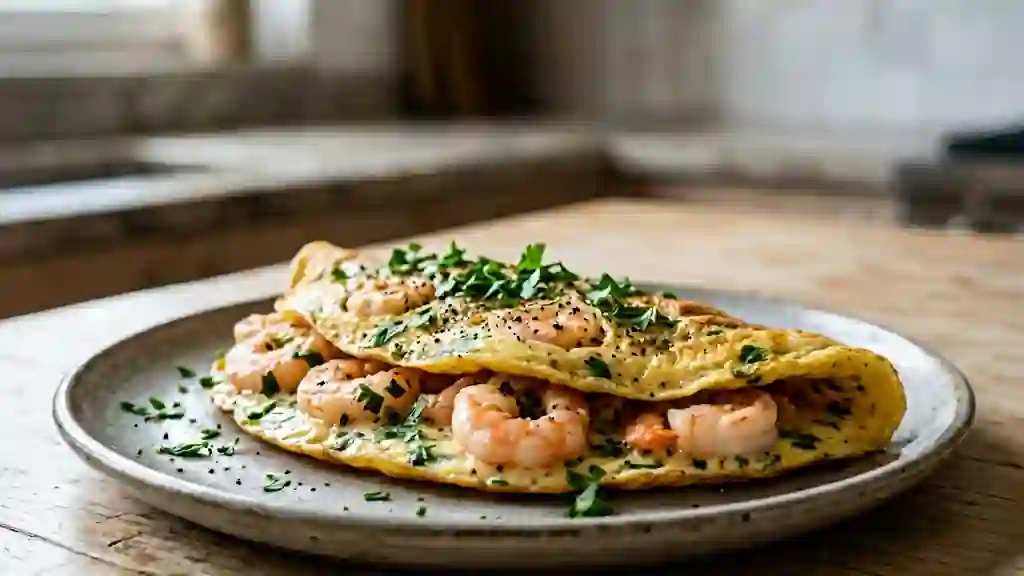 Omelette aux crevettes baveuse et iodée - Photo de présentation