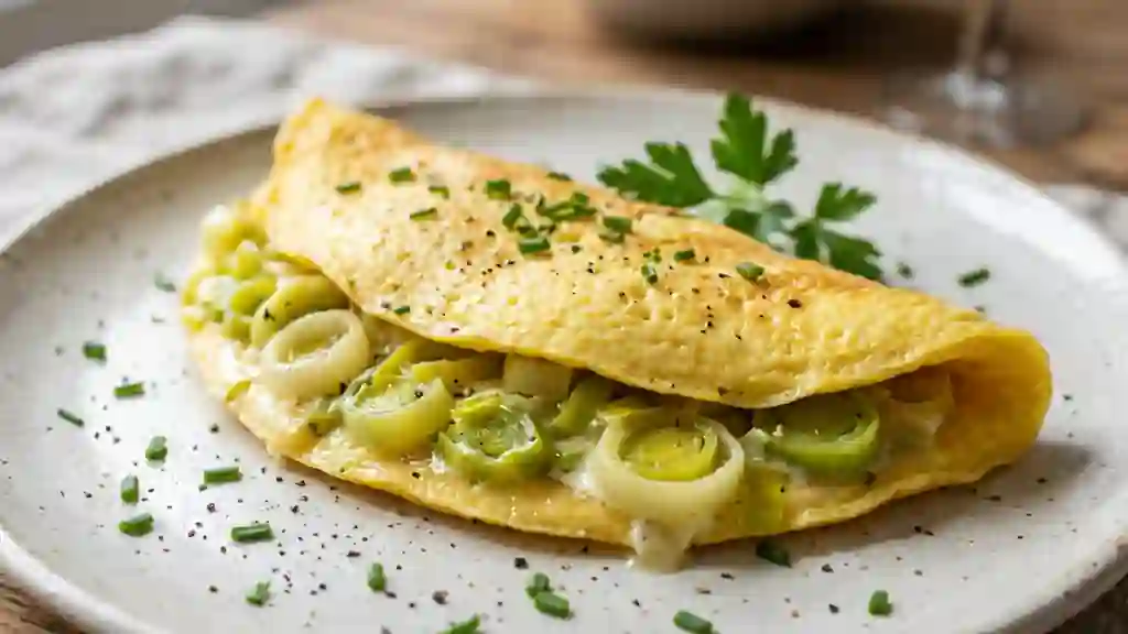 Omelette fondante aux poireaux confits - Photo de présentation