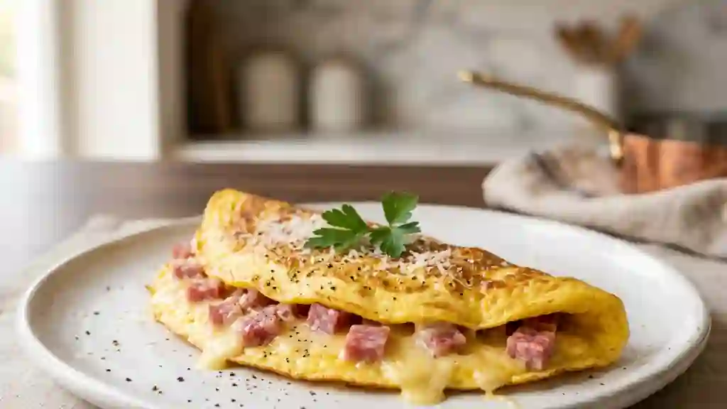 Omelette fondante au parmesan et salami - Photo de présentation
