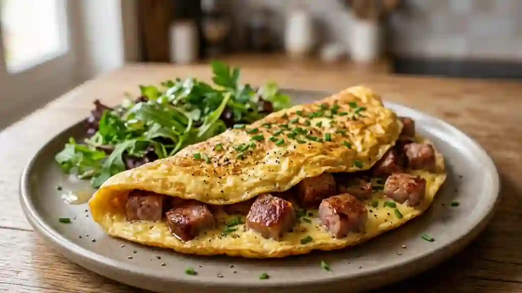 Omelette crémeuse au saucisson lyonnais grillé - Photo de présentation