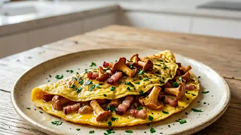 Omelette crémeuse aux girolles et lardons fumés - Photo de présentation