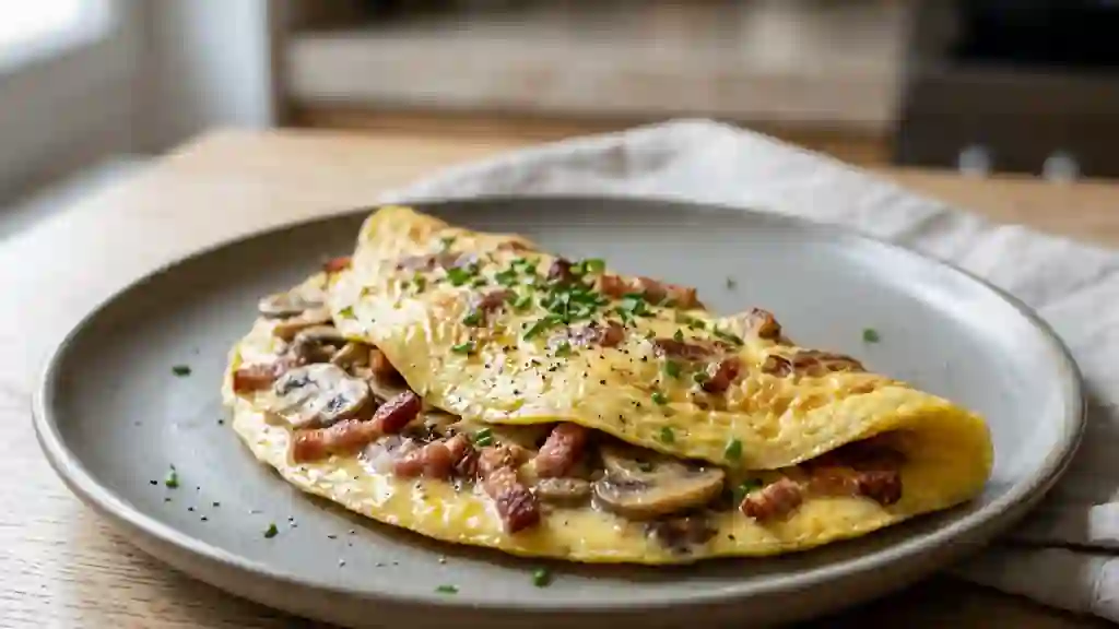 Omelette forestière crémeuse aux lardons fumés - Photo de présentation